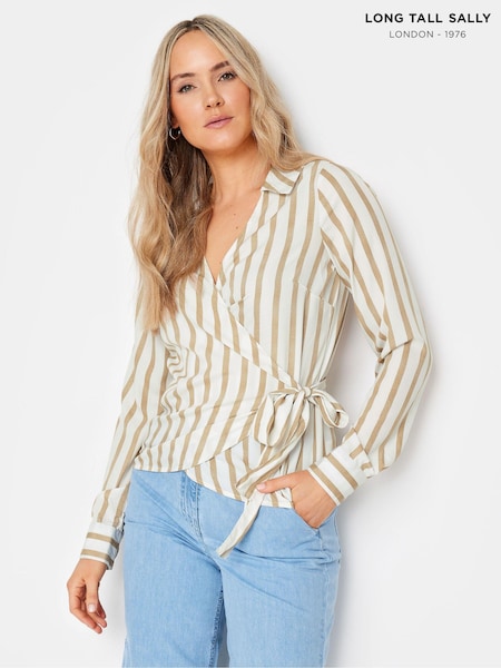 Long Tall Sally Natural Stripe Collared Wrap Top (N26787) | €19