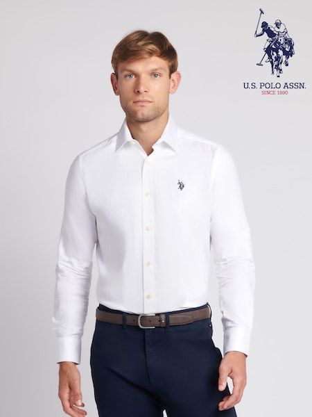 U.S. Polo Assn. White Mens Long Sleeve Herringbone Twill 100% Cotton Shirt (N26993) | 322 QAR