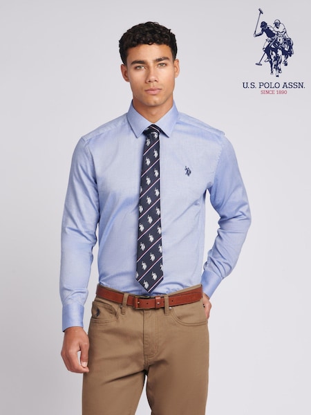 Синий - U.S. Polo Assn. Mens Long Sleeve Dobby Texture 100% Cotton Shirt (N26995) | €86