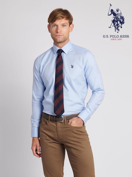 Sininen - U.S. Polo Assn. Mens Long Sleeve Herringbone Twill 100% Cotton Shirt (N27010) | €102