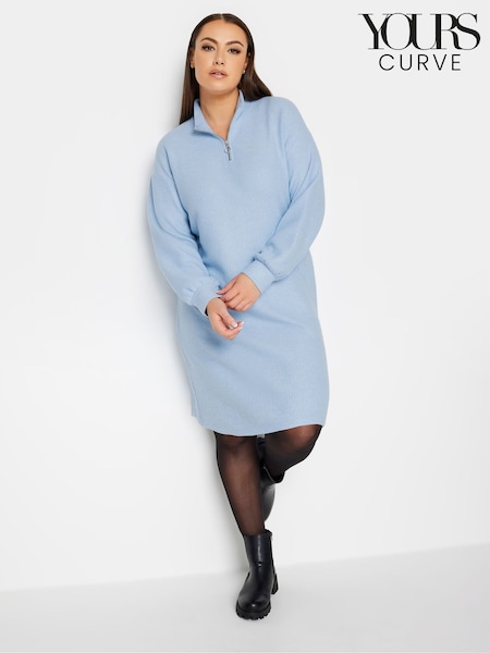 Yours Curve Blue Soft Touch Ribbed Half Zip Midi Dress (N27012) | €17.50