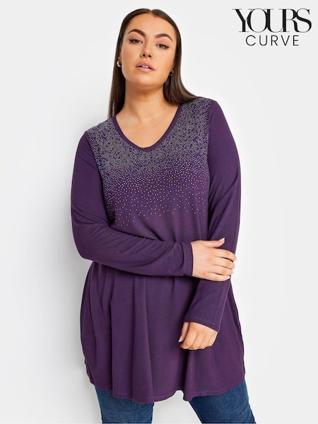 Yours Curve Purple Stud Embellished Long Sleeve Top (N27085) | $45
