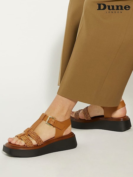 Dune London Brown Lyons T-Bar Flatform Sandals (N27159) | €58