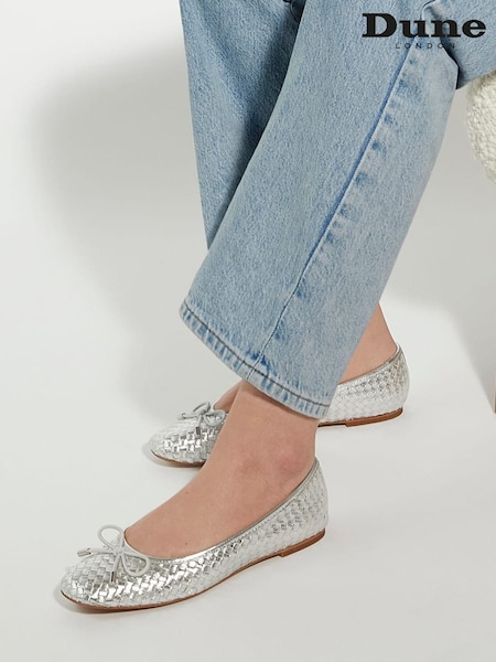 Dune London Silver Heights Flexible Sole Woven Leather Ballerina Flat Shoes (N27174) | $63