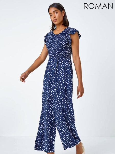 Roman Blue Polka Dot Shirred Jumpsuit (N27195) | €26