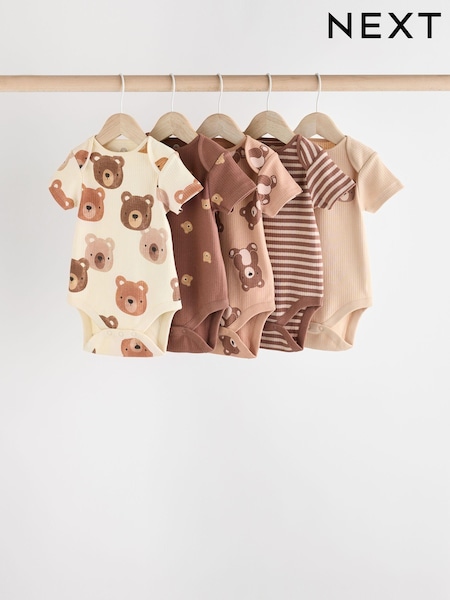 Brown Bear Face 5 Pack Baby Short Sleeved 100% Cotton Bodysuits (N27297) | AED60 - AED67
