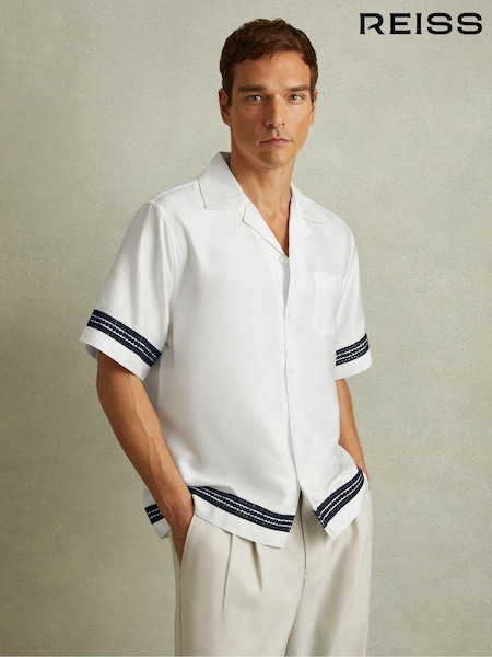Reiss White/Navy Sharday Relaxed Embroidered Trim Cuban Collar Shirt (N27394) | €142