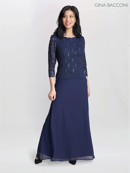 Gina Bacconi Blue Virginia Maxi Lace Dress With Chiffon Skirt (N27541) | €198