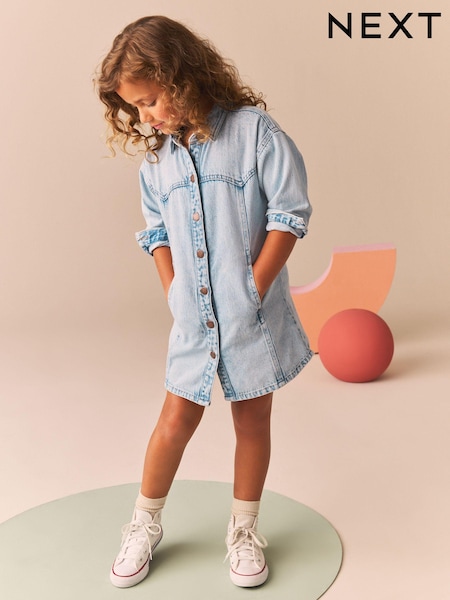 Pale Blue Denim 100% Cotton Shirt Dress (3-16yrs) (N27553) | 62 QAR - 79 QAR