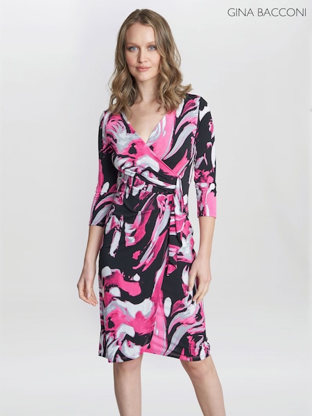 Gina Bacconi Pink Anabelle Printed Jersey Ruffle Dress (N27557) | €72