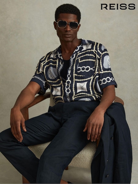 Reiss Navy Jenson Chain Print Cuban Collar Shirt (N27559) | €186
