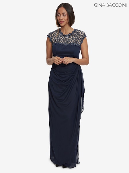 Gina Bacconi Blue Eleanor Maxi Mesh Dress With Metallic Lace & Cut-Out Back (N27587) | €172