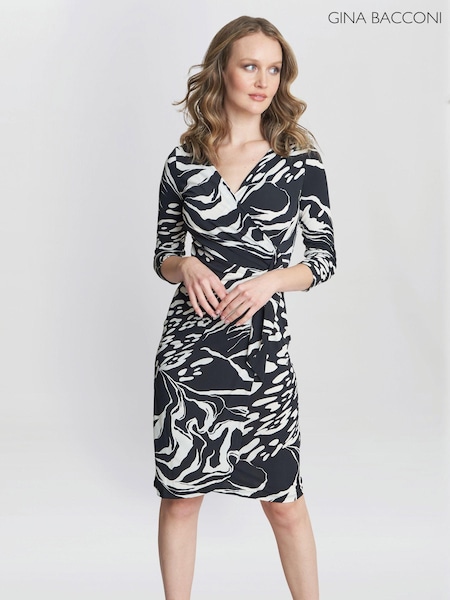 Gina Bacconi Bianca Printed Jersey Ruffle Black Dress (N27599) | €77