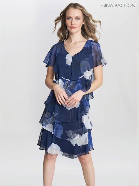 Gina Bacconi Blue Benita Printed V-Neck Tiered Dress With Embellishment (N27621) | €152