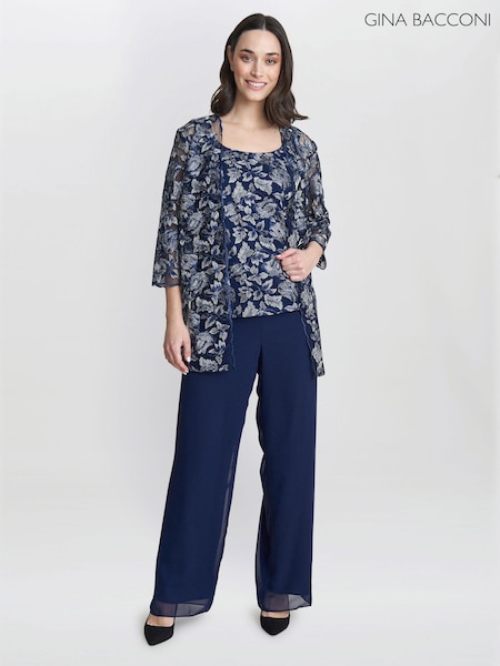 Gina Bacconi Blue Nikki 3 Piece Trousers Suit: With Embroidered Tank Top And Elongated Jacket (N27623) | ‏605 د.إ.‏