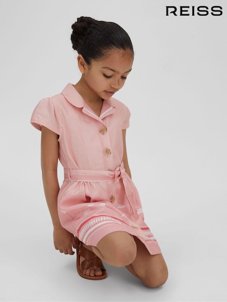 Reiss Pink Print Eliza 9-13 yrs Cotton-Linen Capped Sleeve Belted Dress (N27638) | €45
