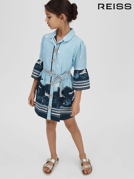 Blue Print - Reiss Hettie Cotton Linen Flared Sleeve Dress