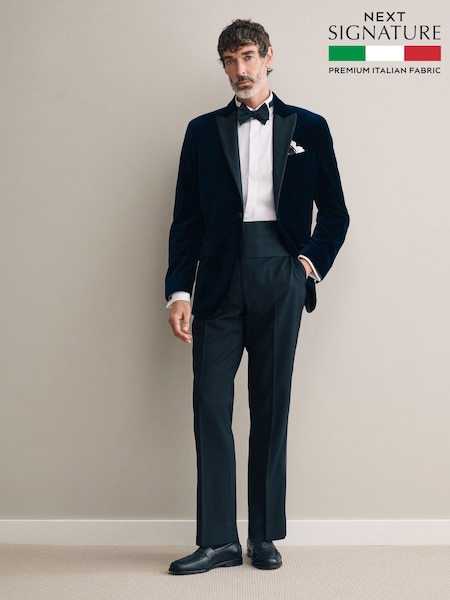 Navy Blue Regular Fit Signature Pontoglio Italian Fabric Velvet Blazer (N27662) | LEI 1,209