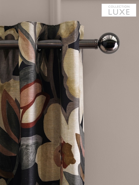 Navy Blue Collection Luxe Linen Blend Contemporary Floral Eyelet Lined Curtains (N27665) | €115 - €253