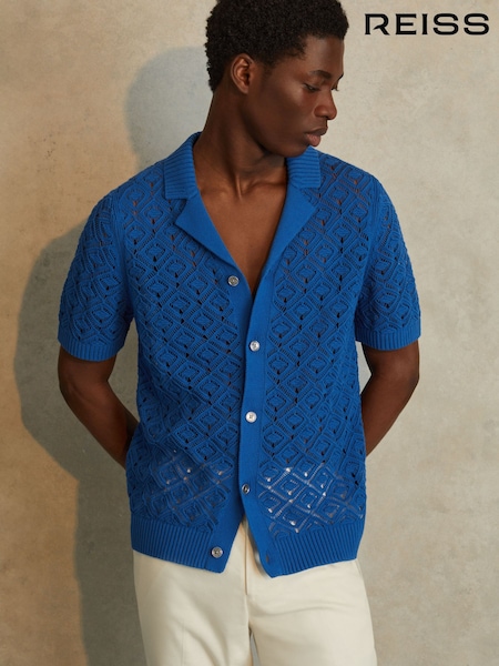Reiss Bright Blue Corsica Crochet Cuban Collar Shirt (N27672) | $226