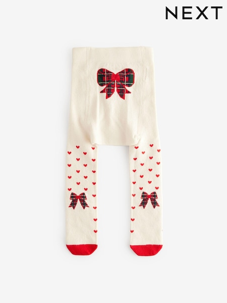 Ecru Cream/Red Hearts And Bow Christmas Bow Baby Tights (0mths-2yrs) (N27676) | €5
