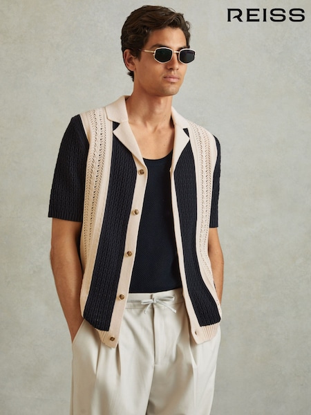 Reiss Navy/Stone Nicoli Crochet Striped Cuban Collar 100% Cotton Shirt (N27680) | €73