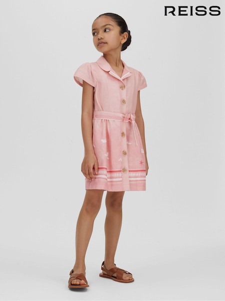 Reiss Eliza Cotton Linen Capped Sleeve Belted Dress (N27683) | ‏490 د.إ.‏