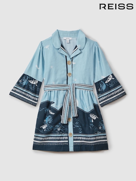 Reiss Blue Print Hettie 13-14 yrs Cotton-Linen Flared Sleeve Dress (N27692) | AED576
