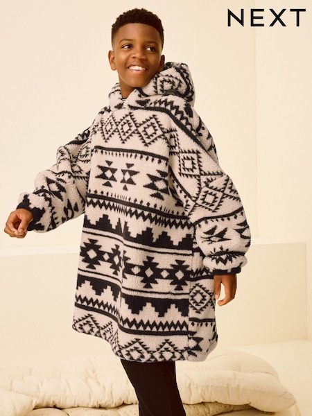 Cream/Black Aztec Print Fleece Hooded Blanket (3-16yrs) (N27771) | € 16 - € 22