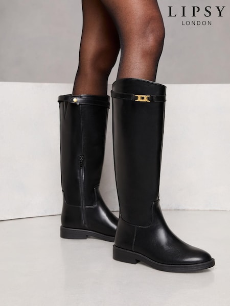 Lipsy Black Standard Fit Flat Long Knee High Faux Leather Riding Boots (N27796) | AED330