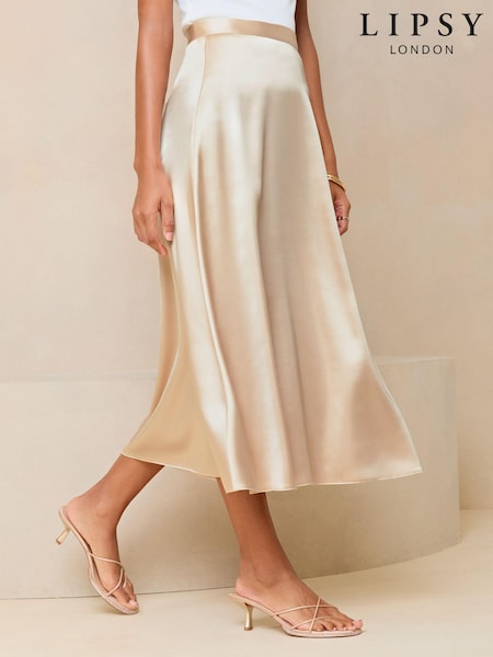 Lipsy Champagne Gold Petite Satin A Line Midi Skirt (N27812) | €26