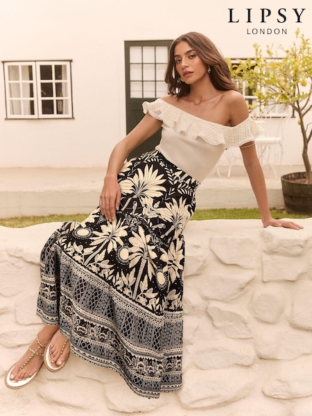Lipsy Black Tiered Printed Midi Skirt (N27852) | €34