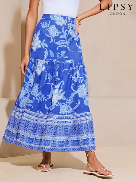 Lipsy Blue Petite Tiered Printed Midi Skirt (N27864) | €29