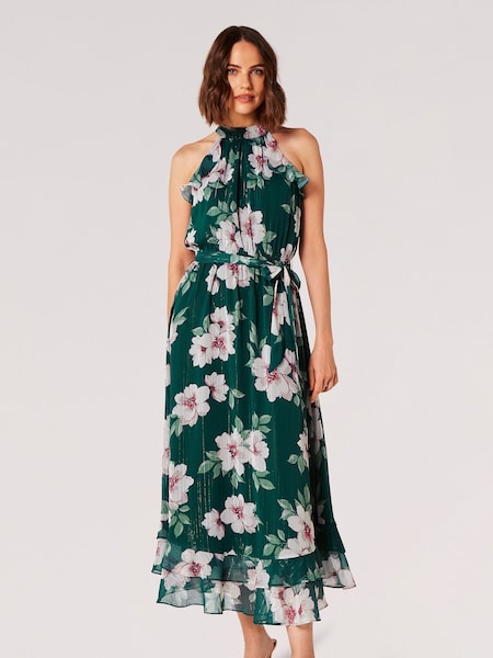 Apricot Green Painterly Floral Shimmer Midi Dress (N27973) | €34