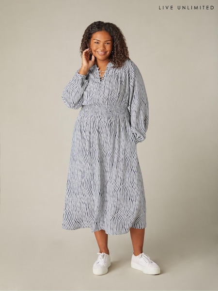 Live Unlimited Grey Curve Leaf Print Shirred Waist Midaxi Dress (N27988) | €56