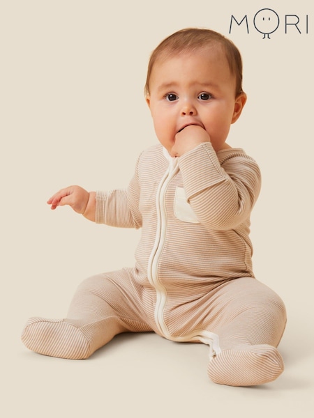 MORI Cream Cotton & Bamboo Stripe Zip Up Sleepsuit (N28181) | 47 €