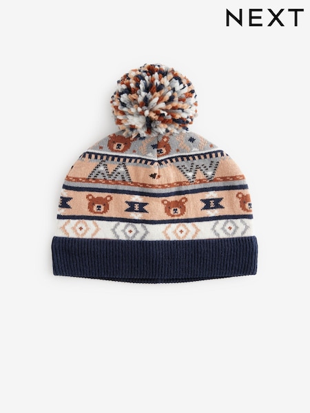 Blue/Brown Bear Baby Pom Knitted Hat (0mths-2yrs) (N28193) | AED20