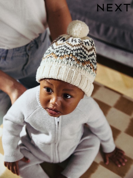 Ecru Cream Fairisle Pattern Baby Knitted Pom Hat (0mths-2yrs) (N28194) | kr70
