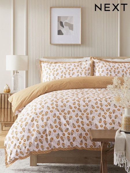 Yellow Ochre Reversible Woodblock Floral 100% Cotton Duvet Cover and Pillowcase Set (N28392) | €15 - €30