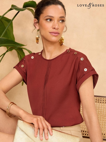 Love & Roses Red Petite Button Detail Satin T-Shirt (N28456) | AED99