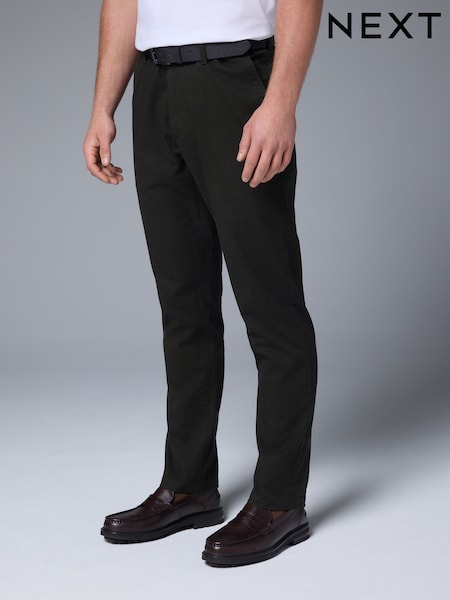 Khaki Vihreä - Soft Touch Belted Textured Stretch Chinos Trousers (N28605) | €55