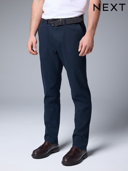 Navy Blue Soft Touch Belted Textured Stretch Chinos Trousers (N28609) | €53