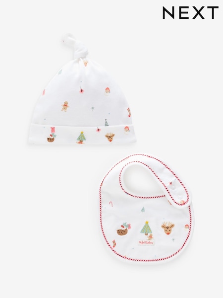 White Baby Christmas 100% Cotton Bib and Hat Set (0-12mths) (N28826) | €5