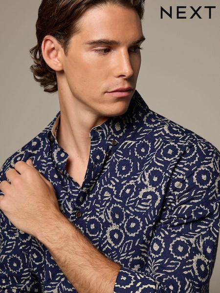 Blue 100% Cotton Textured Print Long Sleeve Shirt (N29029) | $50