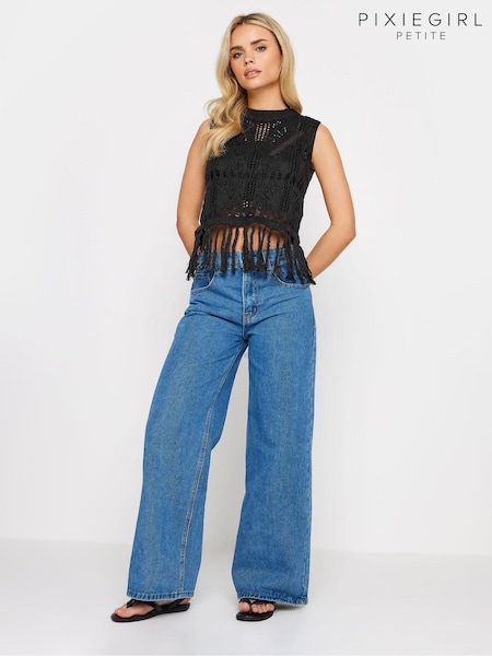 PixieGirl Petite Black Beige Brown Crochet Tassel Vest Top (N29062) | €15.50