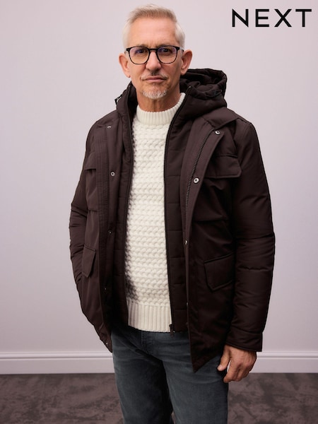 Brown Signature Four Pocket Padded Waterproof Coat (N29105) | €93