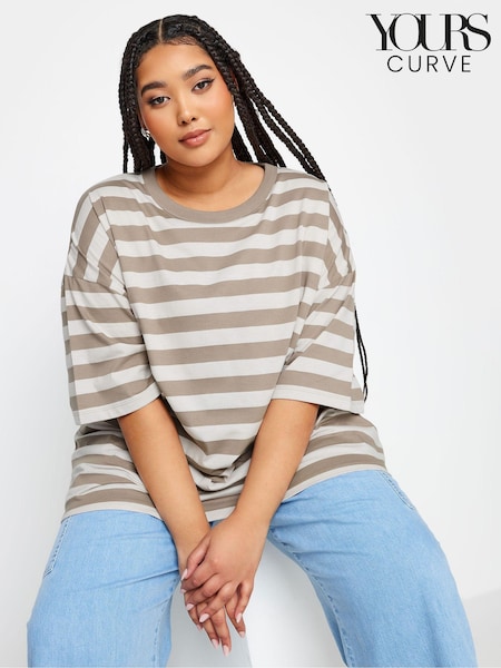 Yours Curve Mocha Brown Stripe Boxy 100% Cotton T-Shirt (N29119) | €25