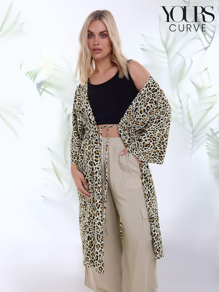 Yours Curve Stone Brown Linen Wide Leg Cargo Trousers (N29122) | €17.50