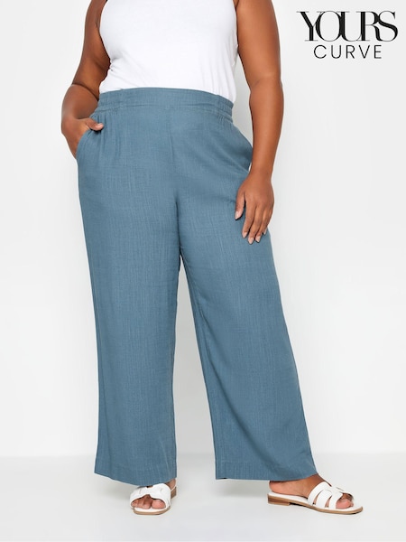 Yours Curve Blue Pull On Wide Leg Linen Trousers (N29123) | €42