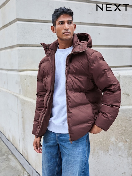 Burgundy Red Regular Length Shower Resistant Hooded Puffer Coat (N29132) | €41